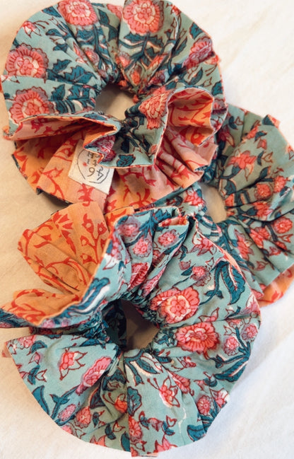 Emmy Double Layer, Reversible Cotton Scrunchie - Teal & Pinks