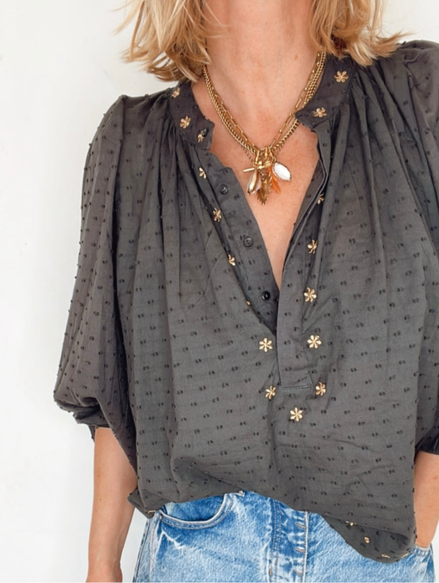 Shivani Half Placket Cotton Pop-Over Top - Washed Black