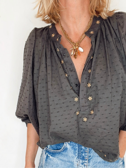 Shivani Half Placket Cotton Pop-Over Top - Washed Black