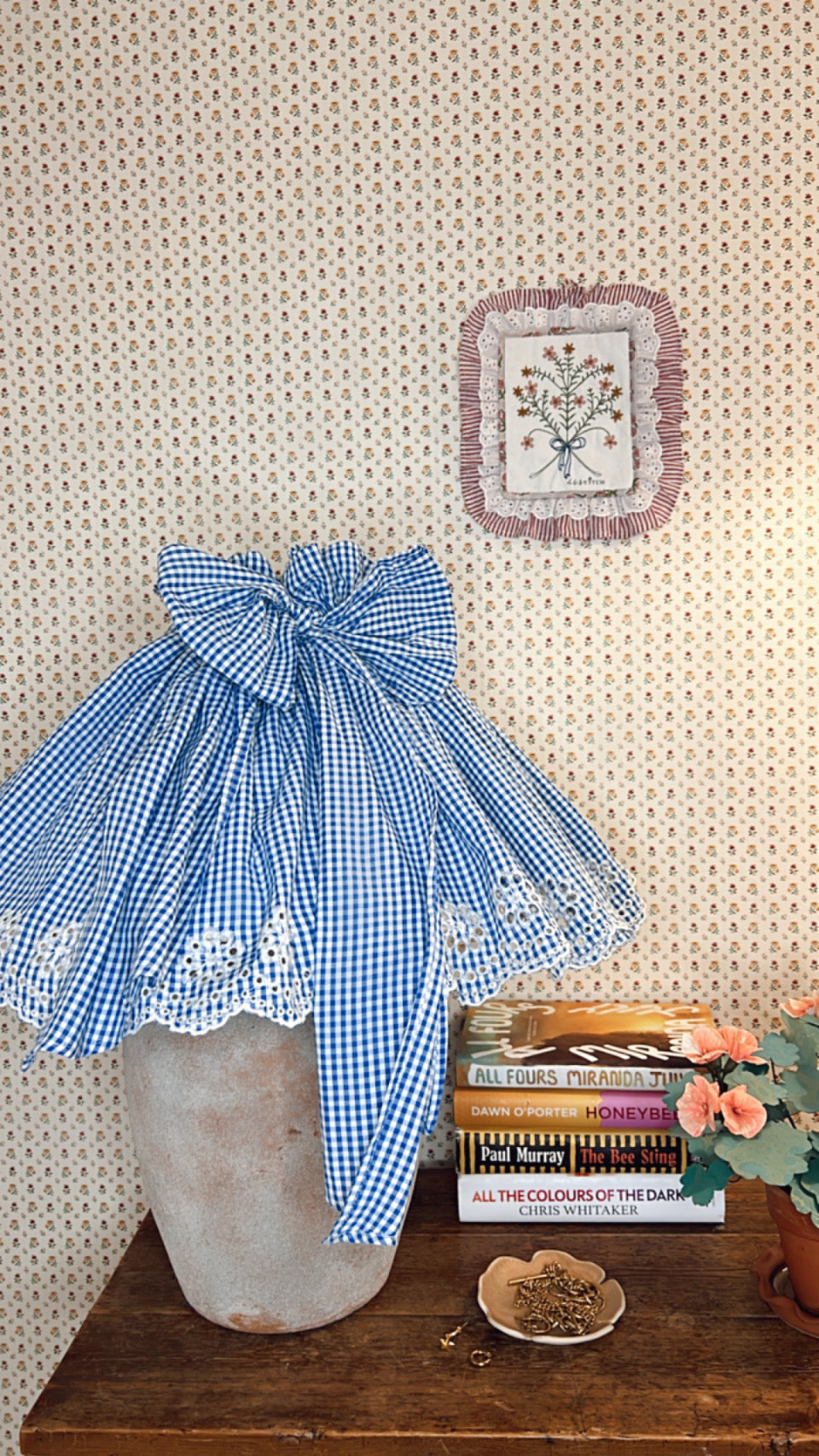 Jumbo Adjustable Broderie Trim Fabric Lampshade Cover - Blue & White gingham