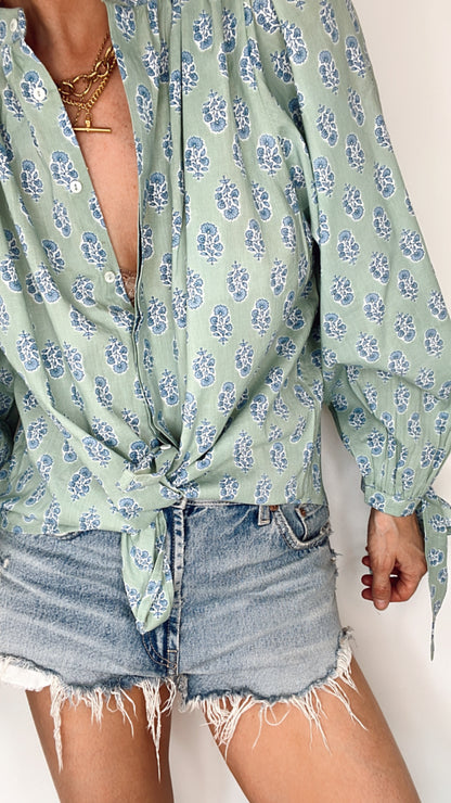 Mint print Delilah Bow Cuff Cotton Shirt