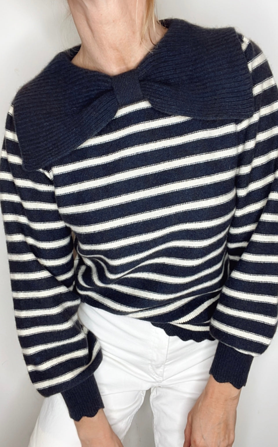 Bow Collar Stripe Jumper - Navy & Ecru