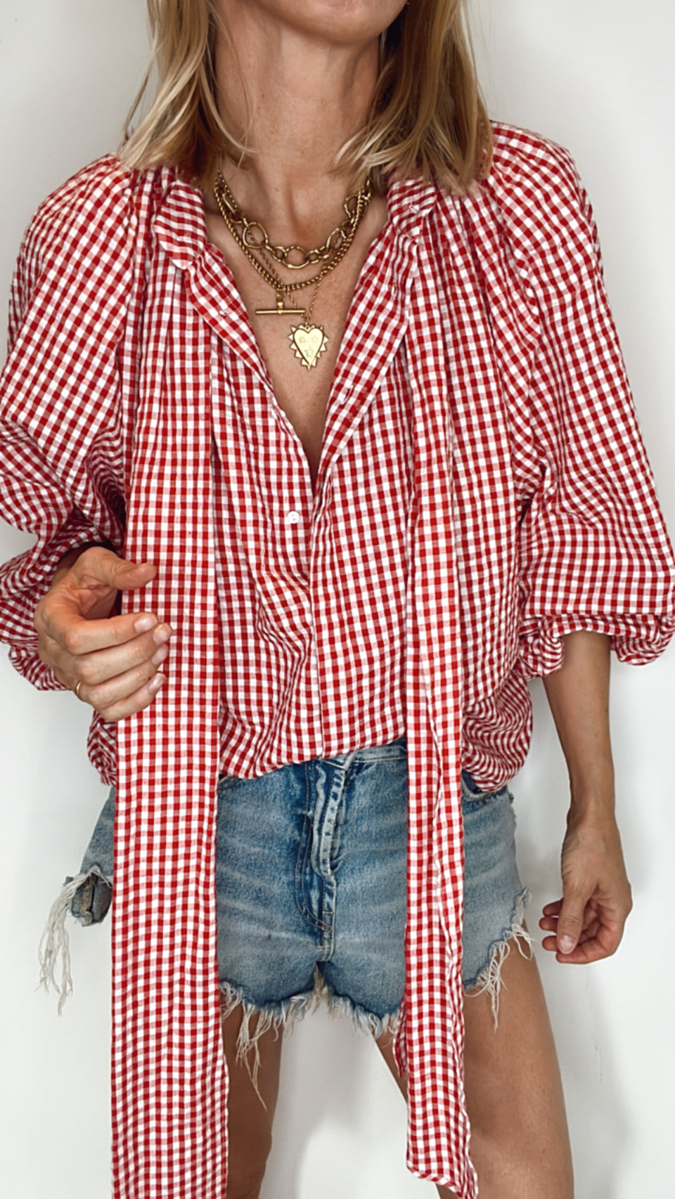 Cherry Gingham Tie Neck Cotton Shirt - Cherry Red & White