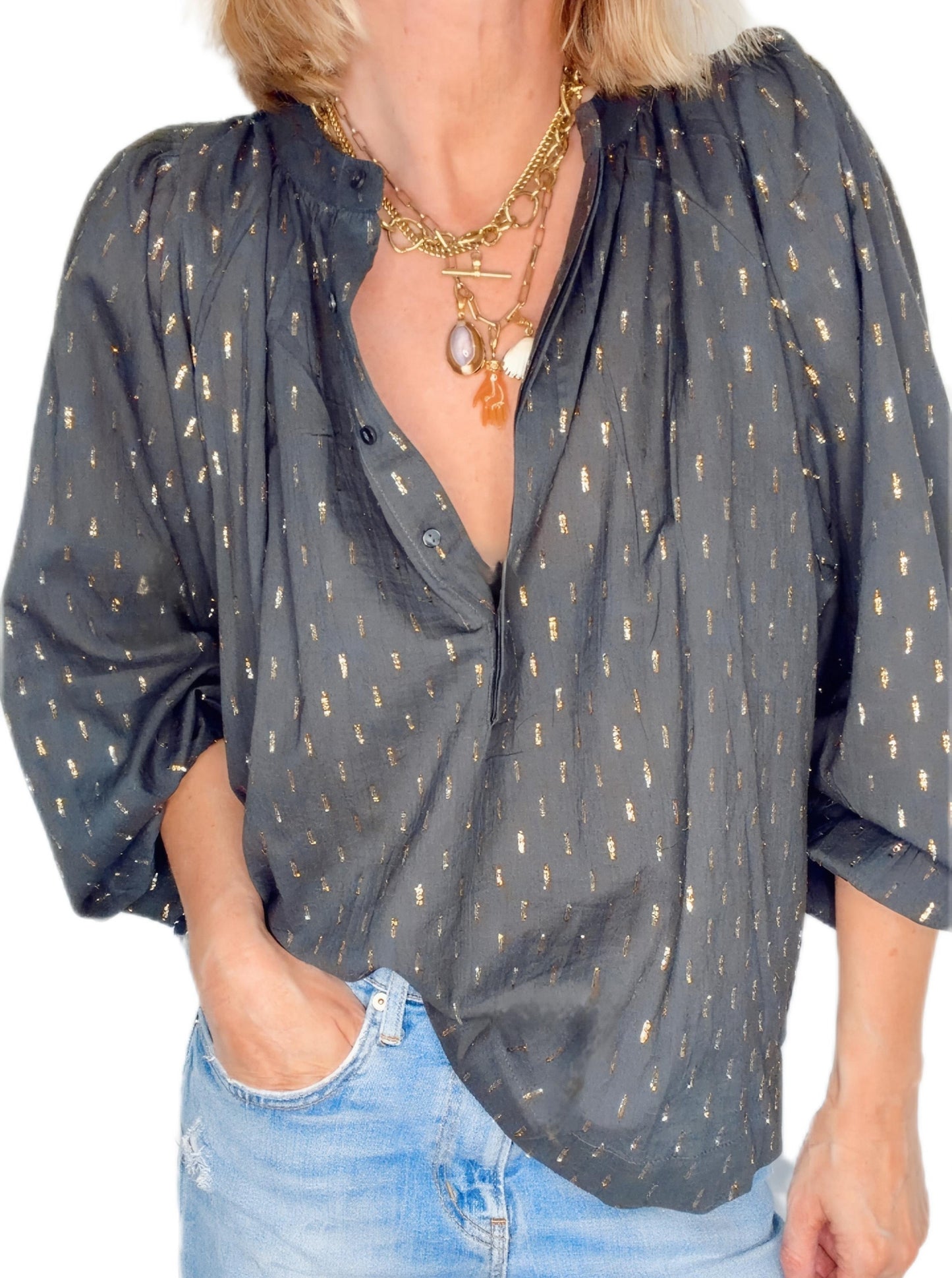 Goldie Metallic Spot Half Placket Cotton Pop-Over Top - Deep Indigo