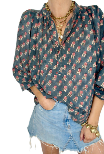 Tabby Half Placket Organic Cotton Pop-Over Top - Washed Teal Print