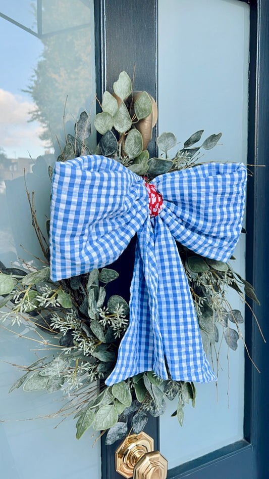 Large Quilted Bow - Denim Blue Gingham