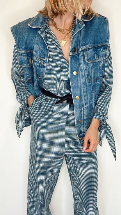 Gigi Bow Cuff Cotton Gingham Block Printed Jumpsuit - Navy Blue Print