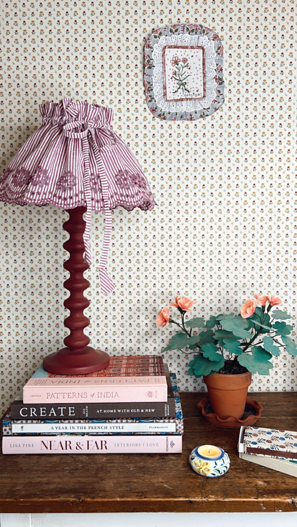 Small Adjustable Broderie Trim Fabric Lampshade Cover - Pomegranate & White Stripe