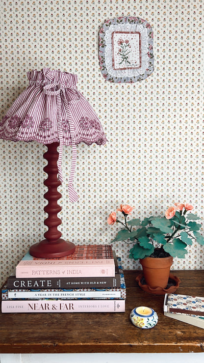 Small Adjustable Broderie Trim Fabric Lampshade Cover - Pomegranate & White Stripe