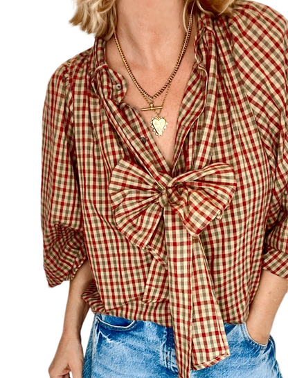 Autumn Gingham Detachable Tie Neck Cotton Shirt - Merlot Multi