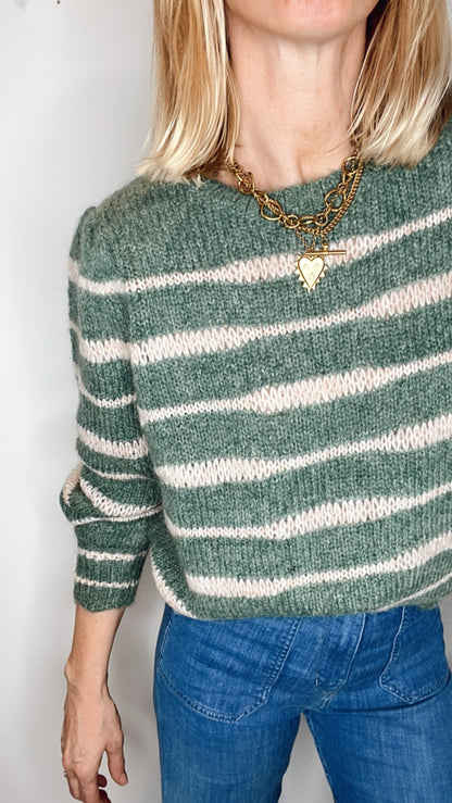 Irregular Stripe Chunky Knit Jumper - Forest Green & Blossom