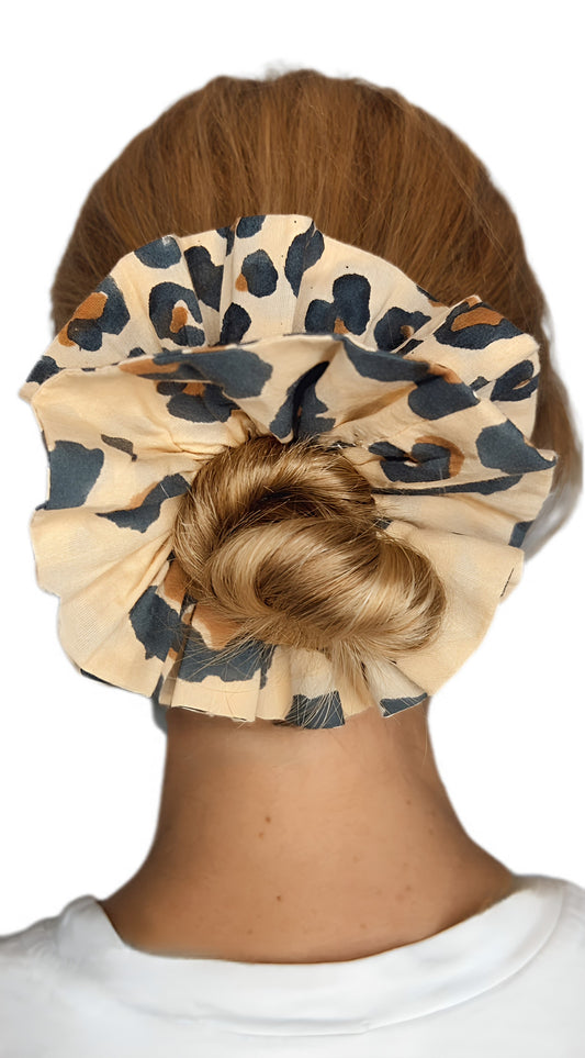Animal Print Double Layer, Reversible Cotton Scrunchie - Sand