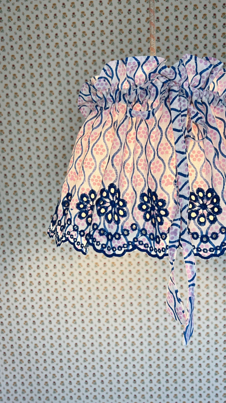 Medium Adjustable Broderie Trim Fabric Lampshade Cover - Indigo Wave & Pink Dot