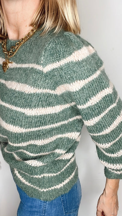 Irregular Stripe Chunky Knit Jumper - Forest Green & Blossom