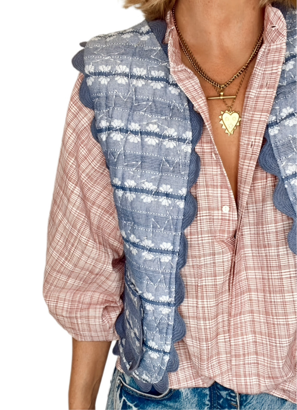 Cheska Check Detachable Tie Neck Cotton Shirt - Rosewood