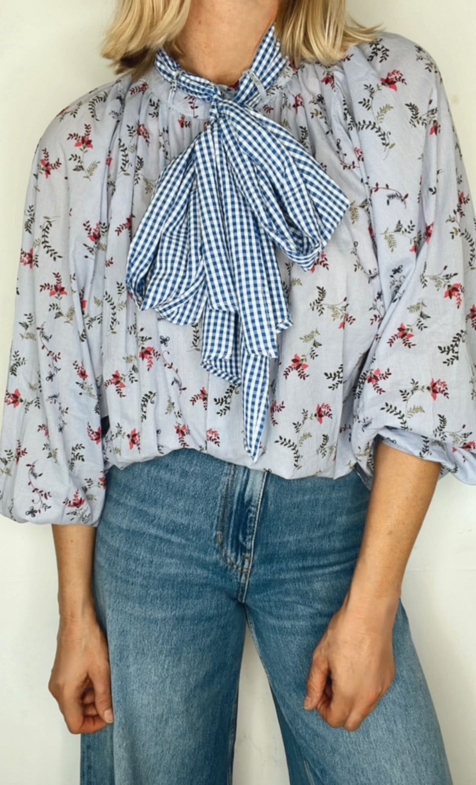 Sylvie Detachable Tie Neck Cotton Shirt- Denim Blue Fine Stripe Floral