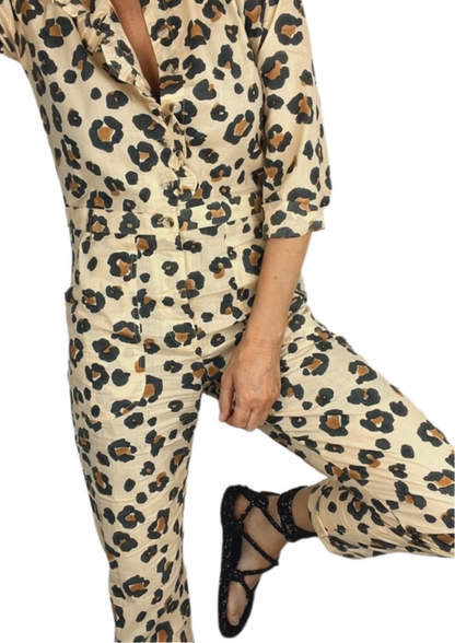 Large Scale Animal Organic Cotton Block Printed Scalloped Jumpsuit - Sand