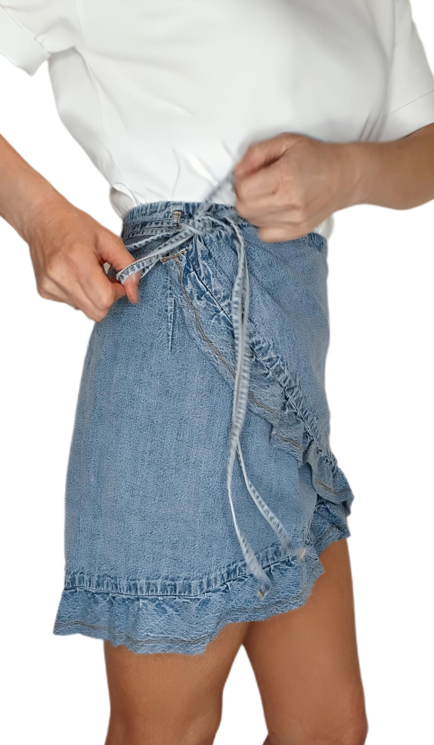 Didi Frilly Edge Cotton Wrap Mini Skirt - Mid Denim
