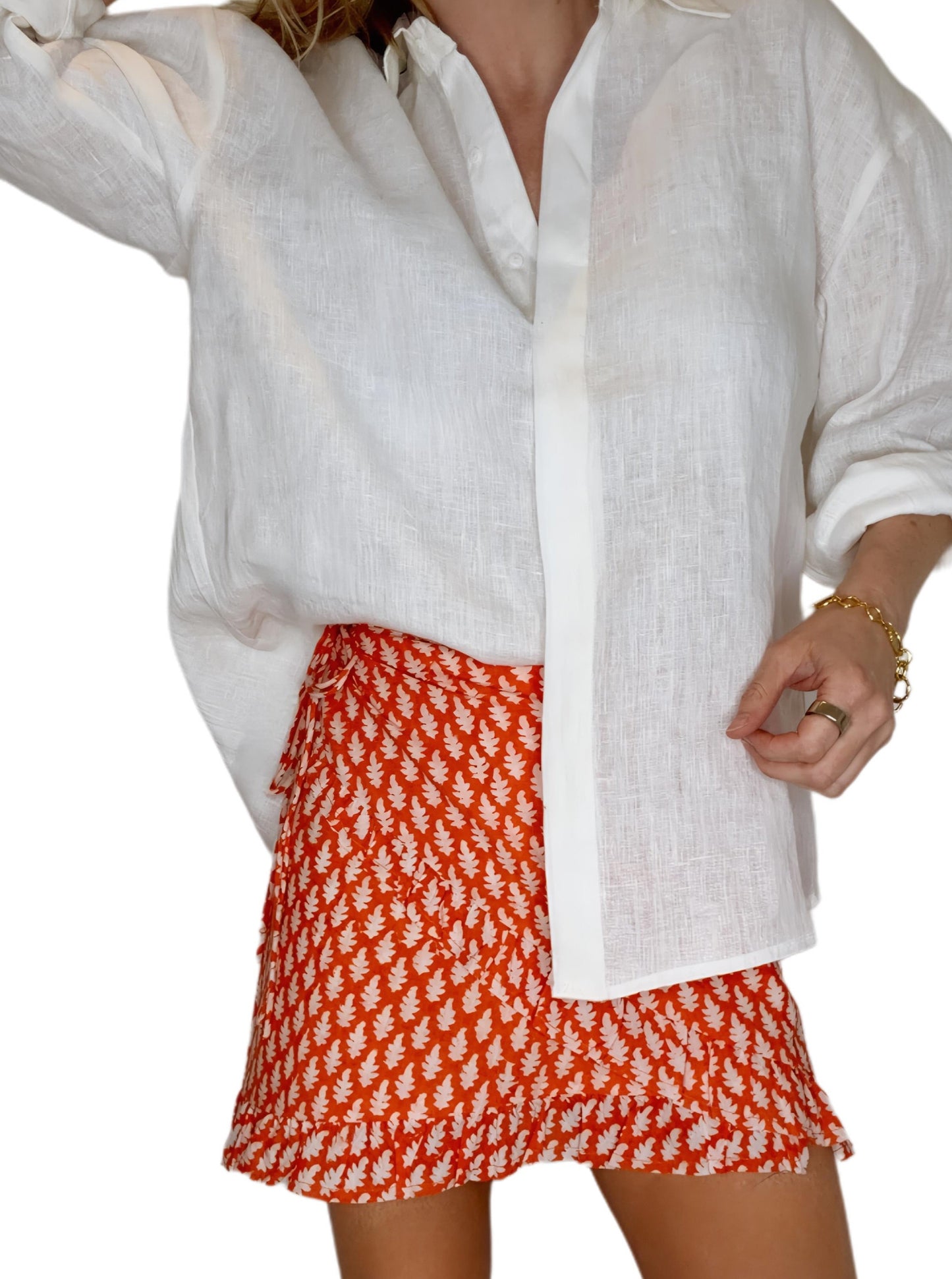 Mandardin Frilly Edge Cotton Wrap Mini Skirt - Orange Red