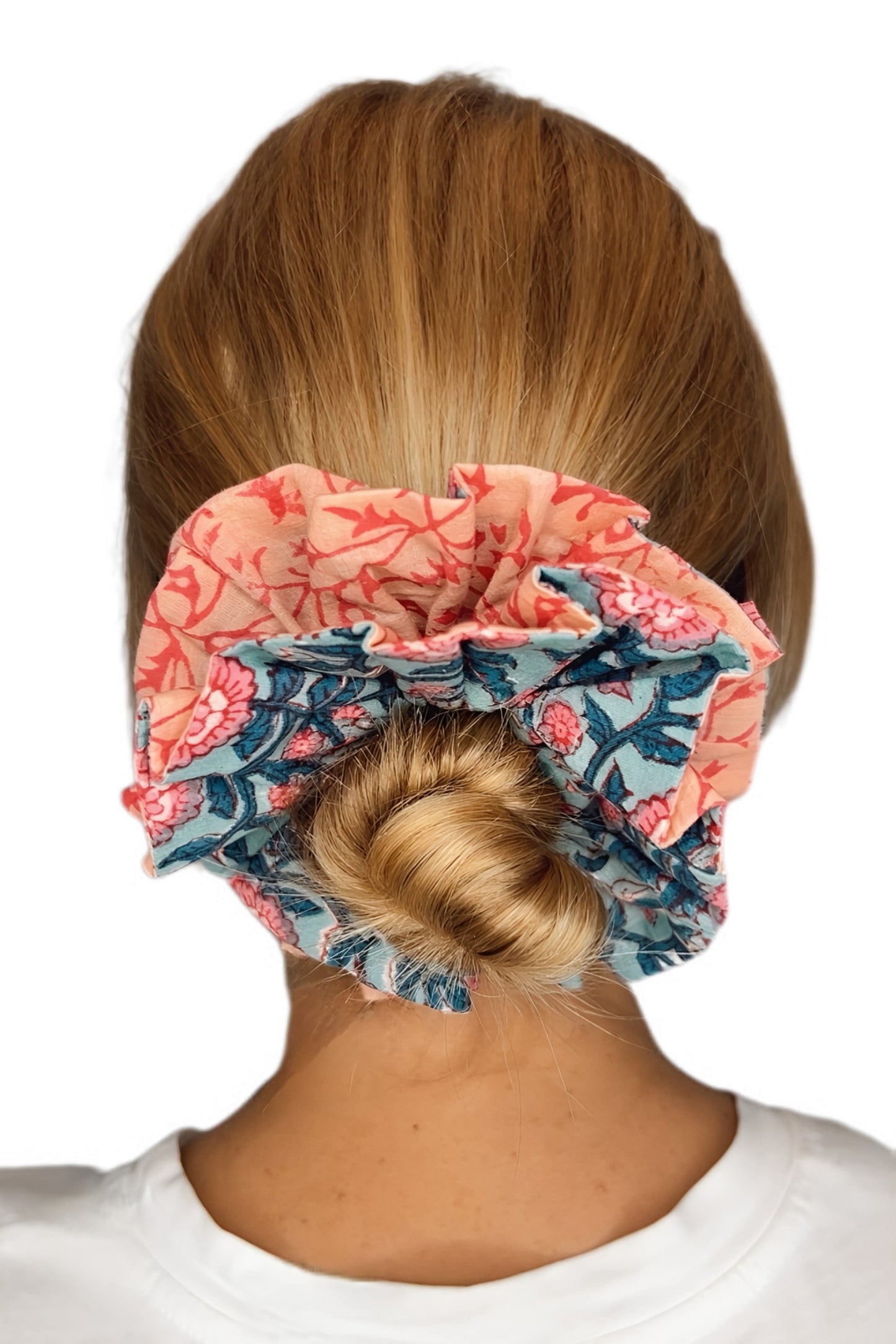 Emmy Double Layer, Reversible Cotton Scrunchie - Teal & Pinks