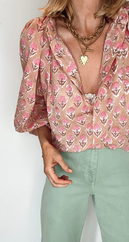 Penny Print Tie Neck Cotton Shirt - Pretty Pink