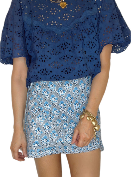 Sienna Frilly Edge Cotton Wrap Mini Skirt - Dusty Blue Green