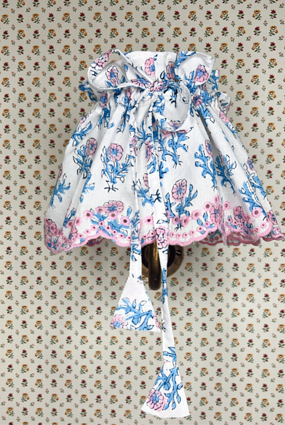 Small Adjustable Broderie Trim Fabric Lampshade Cover - Light Teal & Dusty Rose