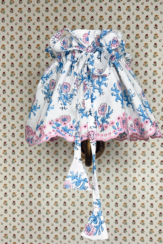 Small Adjustable Broderie Trim Fabric Lampshade Cover - Light Teal & Dusty Rose