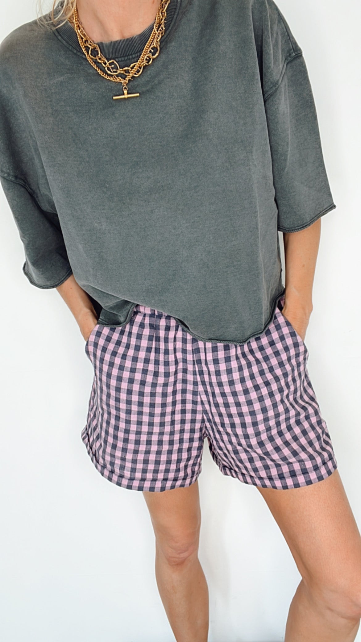 Jamie Gingham Linen Short - Charcoal & Dusty Pink