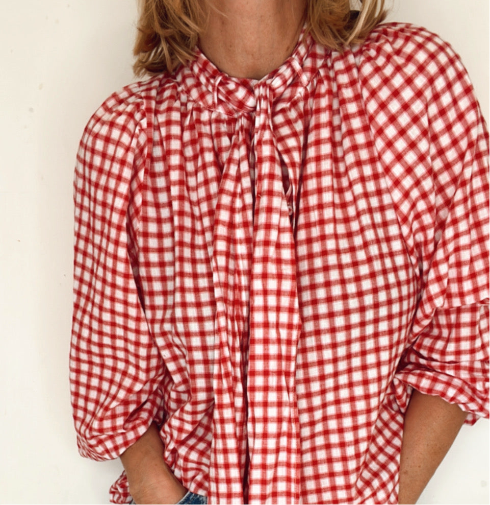 Cherry Check Detachable Tie Neck Cotton Shirt - Cherry Red