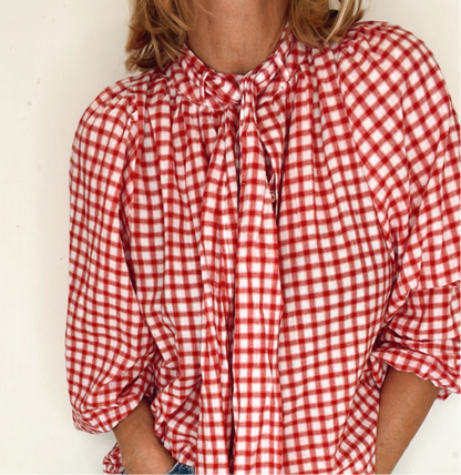 Cherry Check Detachable Tie Neck Cotton Shirt - Cherry Red