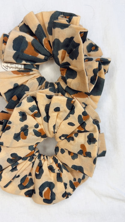 Animal Print Double Layer, Reversible Cotton Scrunchie - Sand