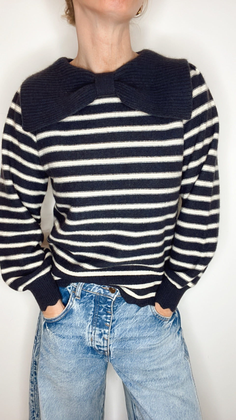 Bow Collar Stripe Jumper - Navy & Ecru