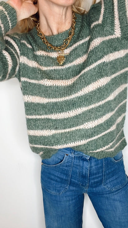 Irregular Stripe Chunky Knit Jumper - Forest Green & Blossom