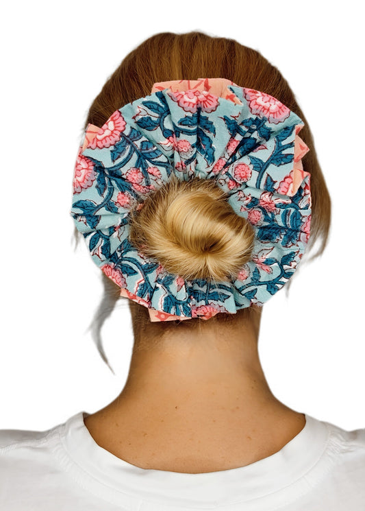 Emmy Double Layer, Reversible Cotton Scrunchie - Teal & Pinks
