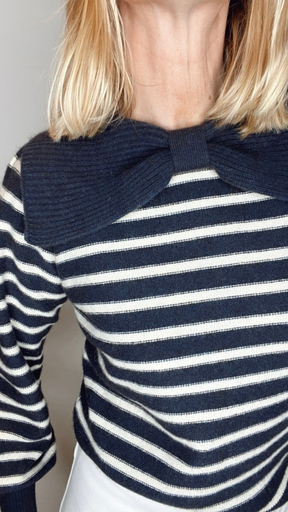 Bow Collar Stripe Jumper - Navy & Ecru