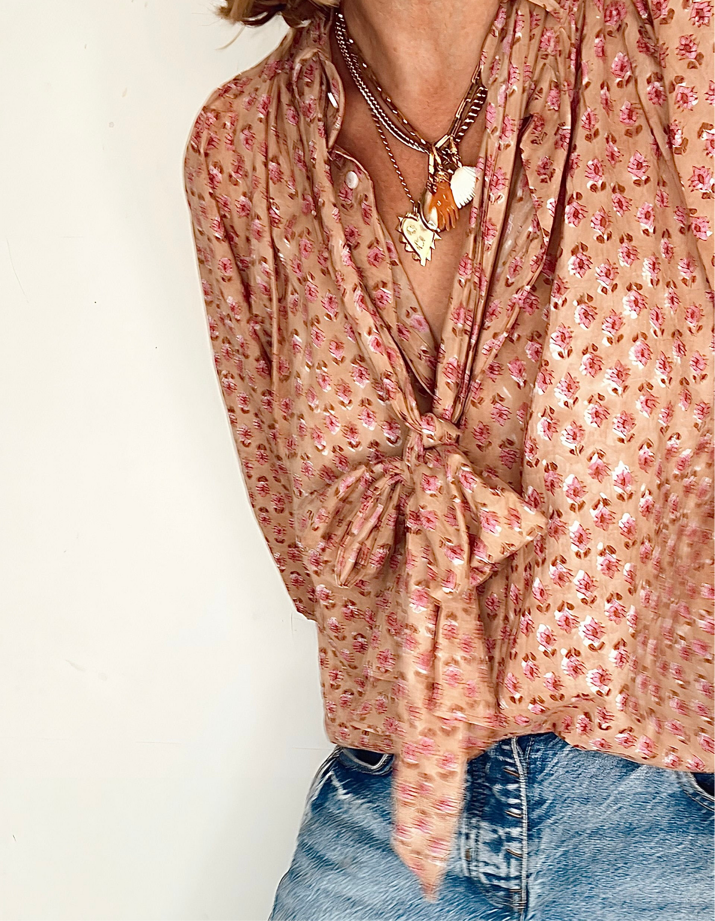 Farrow Detachable Tie Neck Cotton Shirt - Plaster Pink