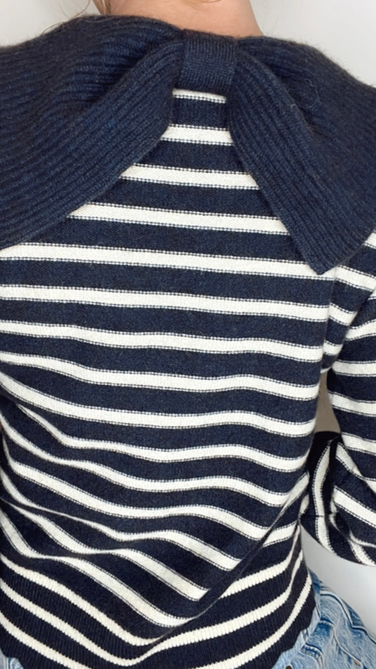 Bow Collar Stripe Jumper - Navy & Ecru