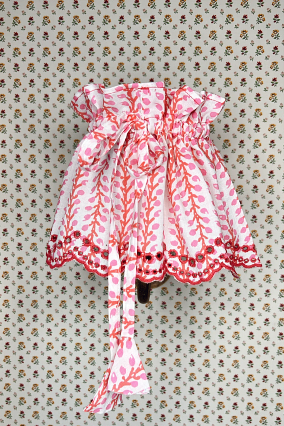 Small Adjustable Broderie Trim Fabric Lampshade Cover - Coral Foliage