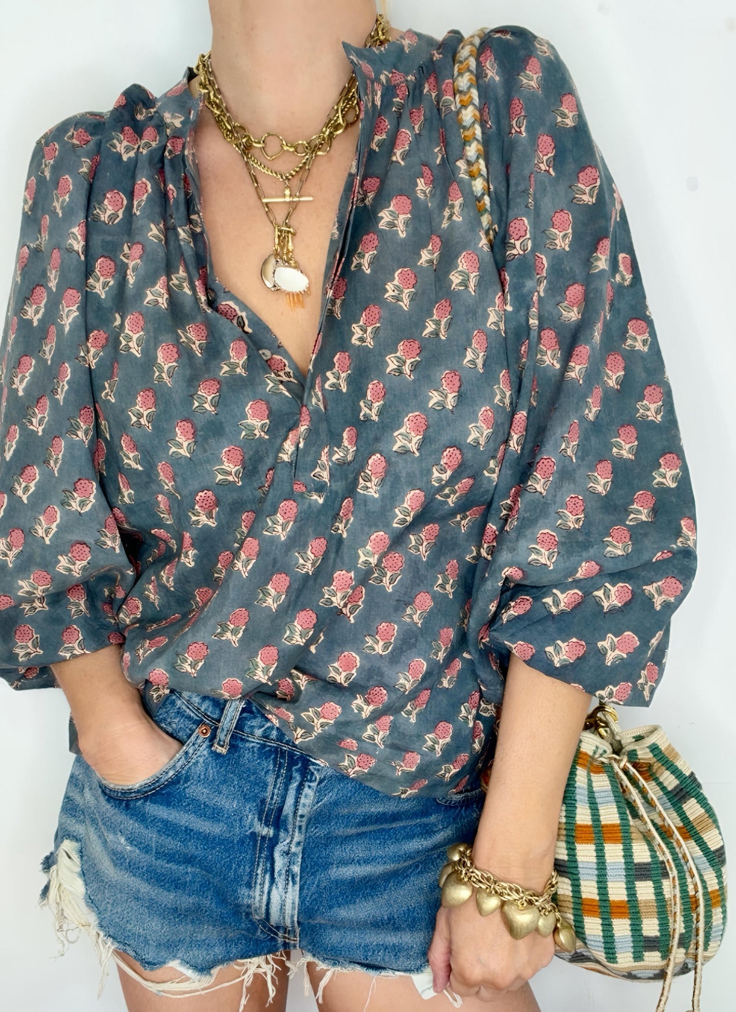 Tabby Half Placket Organic Cotton Pop-Over Top - Washed Teal Print