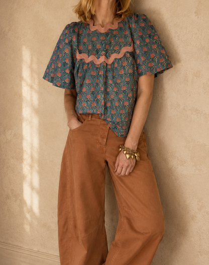 Tatty Ric Rac Cotton Top - Washed Teal Print