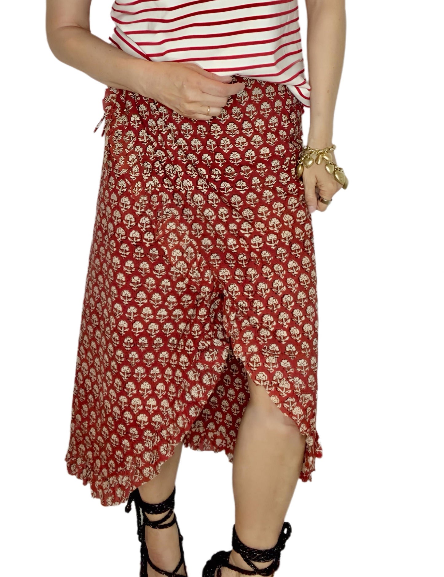 Ruby Frilly Edge Cotton Wrap MIDI Skirt - Ruby Red