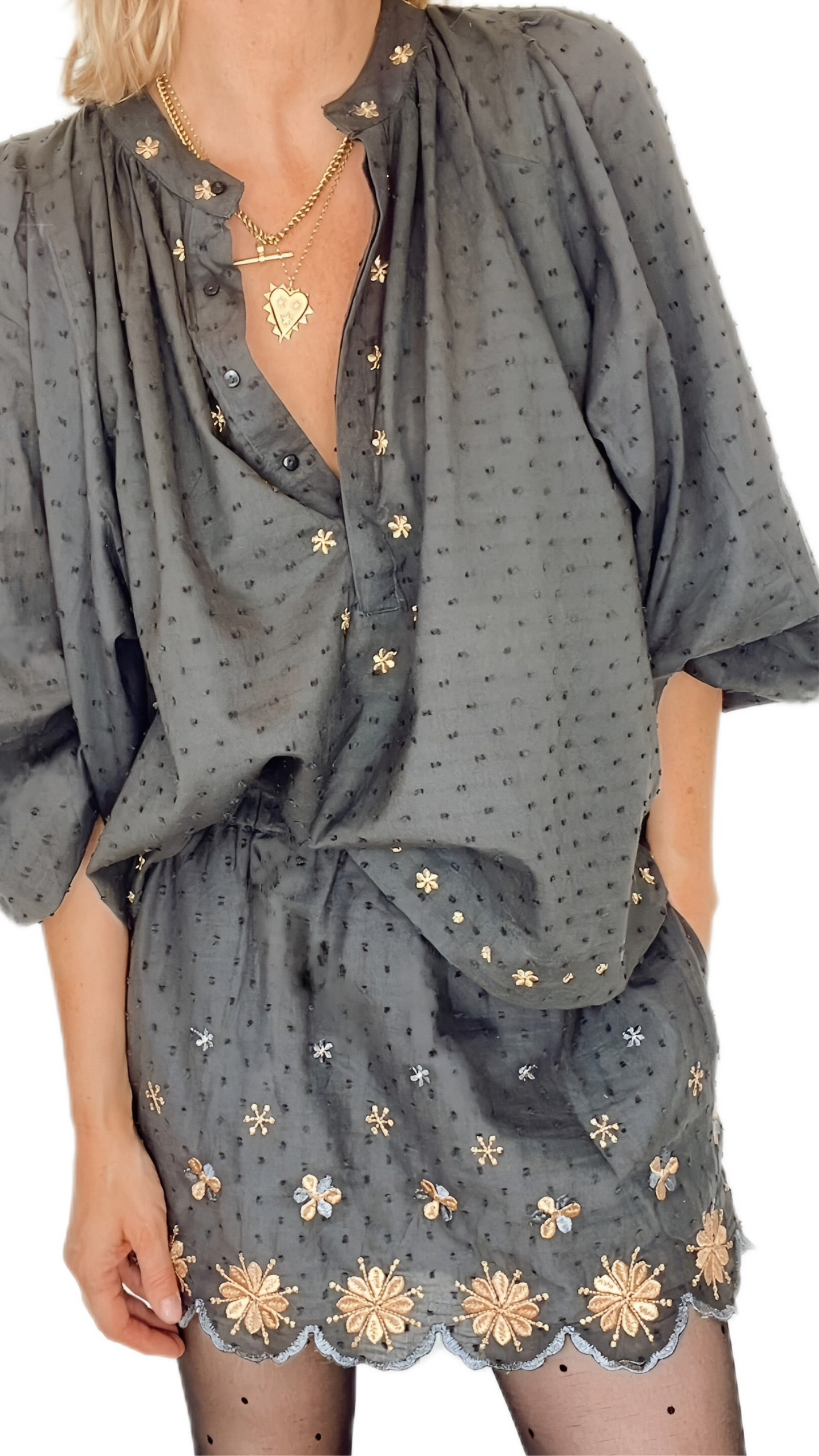 Shivani Cotton & Metallic Embroidered Mini - Washed Black