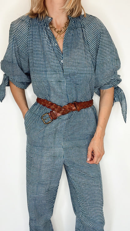 Gigi Bow Cuff Cotton Gingham Block Printed Jumpsuit - Navy Blue Print