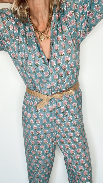 Thea Bow Cuff Cotton Block Printed Jumpsuit - Denim Blue Print