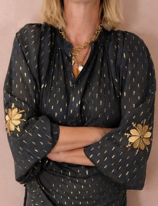 Goldie Frilly Edge Cotton Wrap Mini Skirt - Deep Indigo & Gold