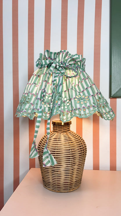 Medium Adjustable Broderie Trim Fabric Lampshade Cover - Soft Green Dash and Dot