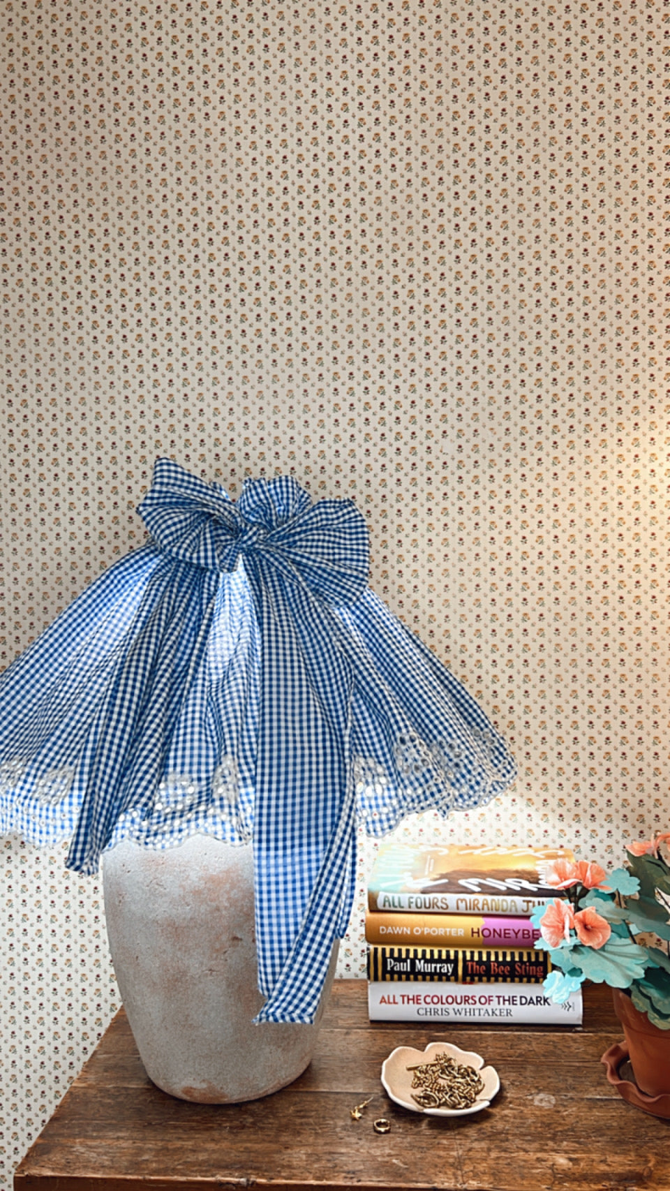 Jumbo Adjustable Broderie Trim Fabric Lampshade Cover - Blue & White gingham