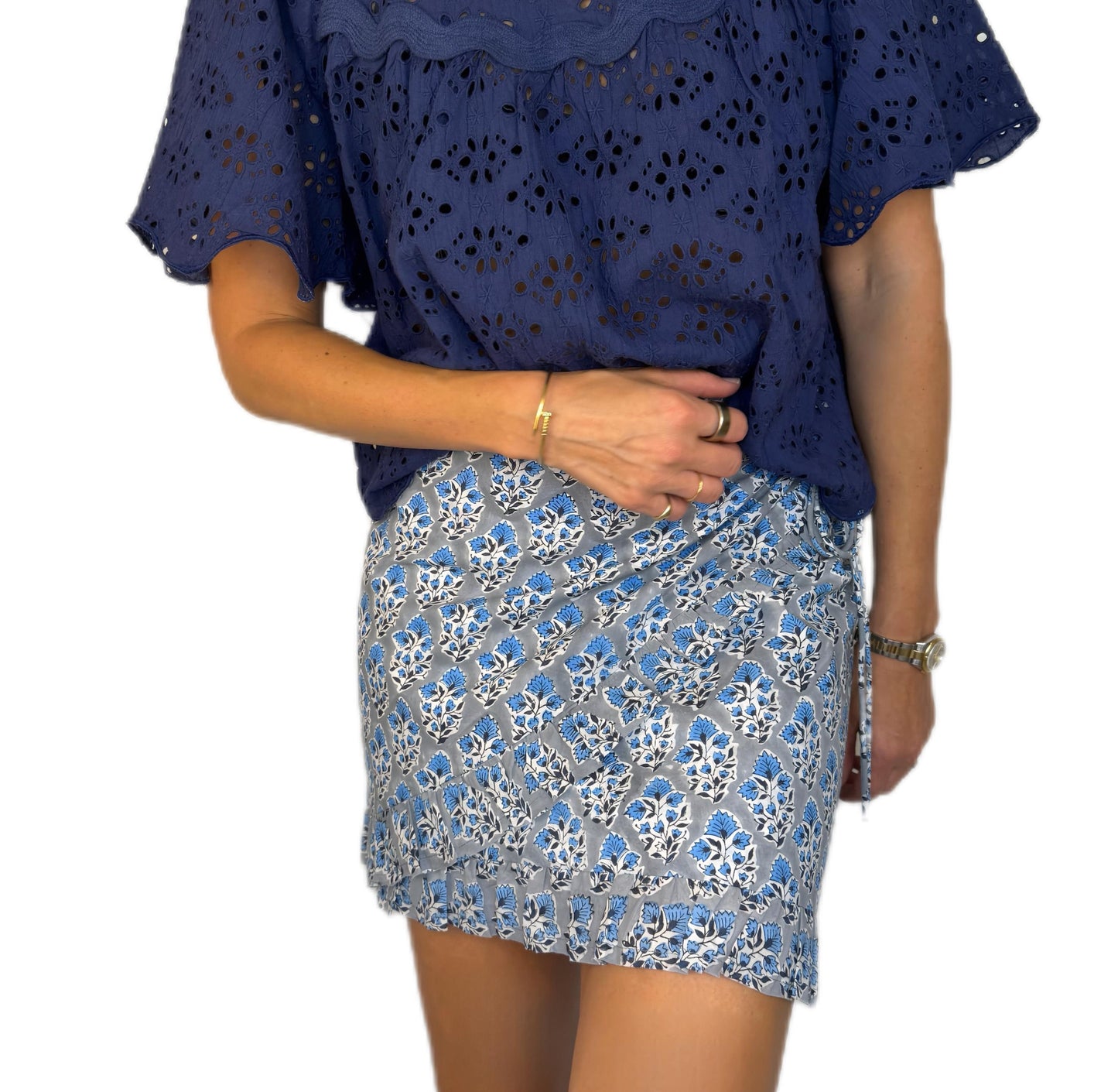 Sienna Frilly Edge Cotton Wrap Mini Skirt - Dusty Blue Green