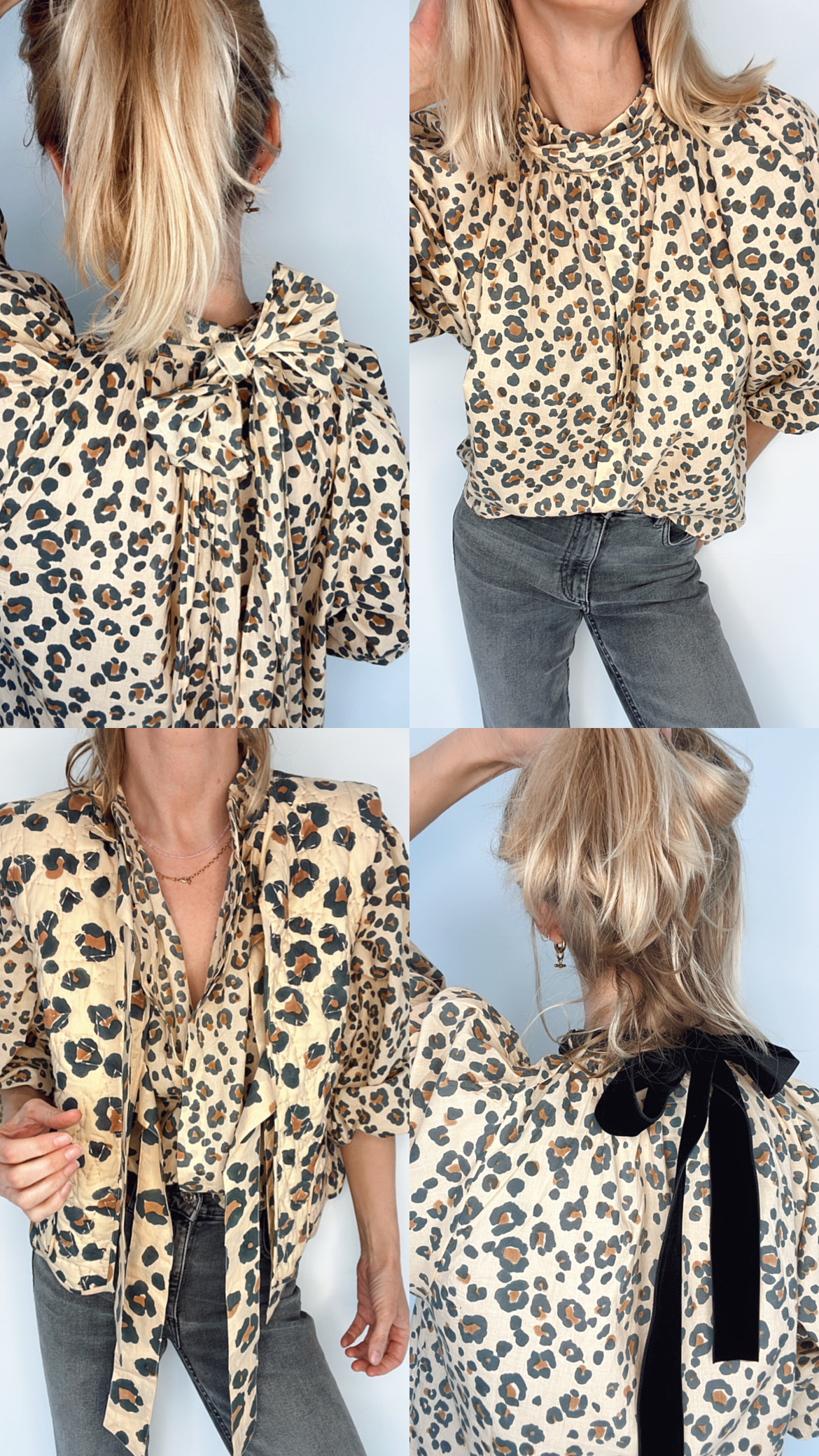 Mini Animal Print Tie Neck Organic Cotton Shirt - Natural